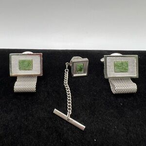 Vintage Dante Silver-Tone Mesh Wrap Cufflinks w/ Genuine Jade & Tie Bar